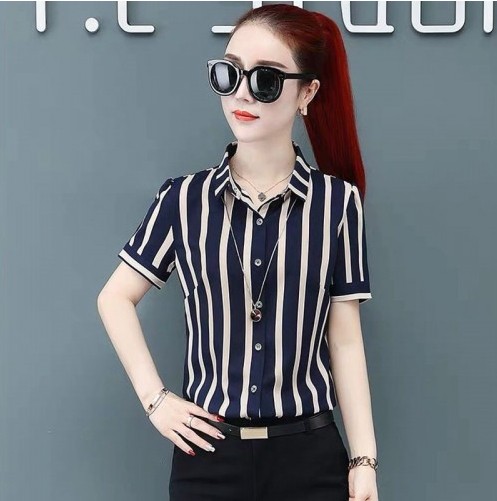 Fashion Women Spring Summer Style Blouses Shirts Lady Casual Office Work Wear OL Short Sleeve Striped Blusas Tops DF2699